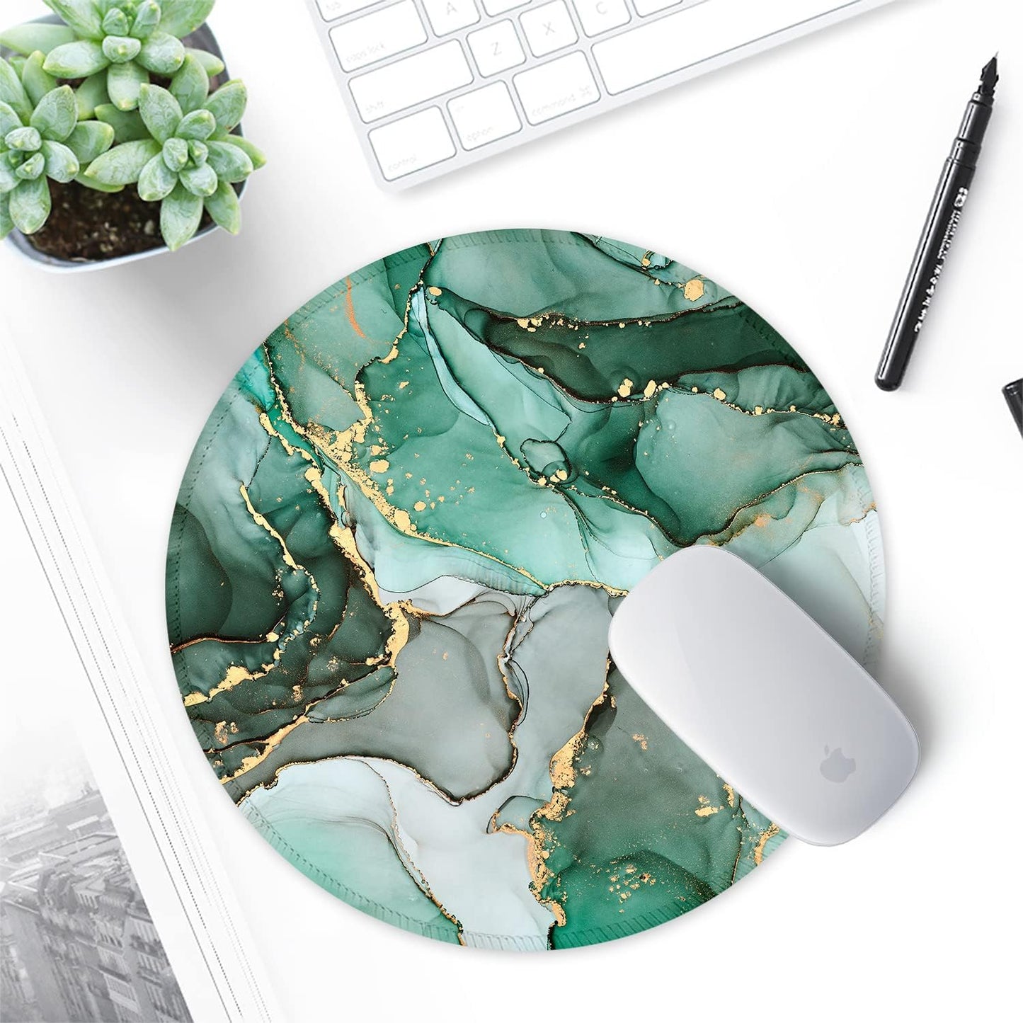 round Mouse Pad with Stitched Edge Premium-Textured Waterproof Non-Slip Rubber Base Desktop Protection Mat Diameter 8.7 Inches, Green Marble Texture