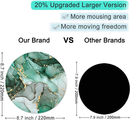round Mouse Pad with Stitched Edge Premium-Textured Waterproof Non-Slip Rubber Base Desktop Protection Mat Diameter 8.7 Inches, Green Marble Texture