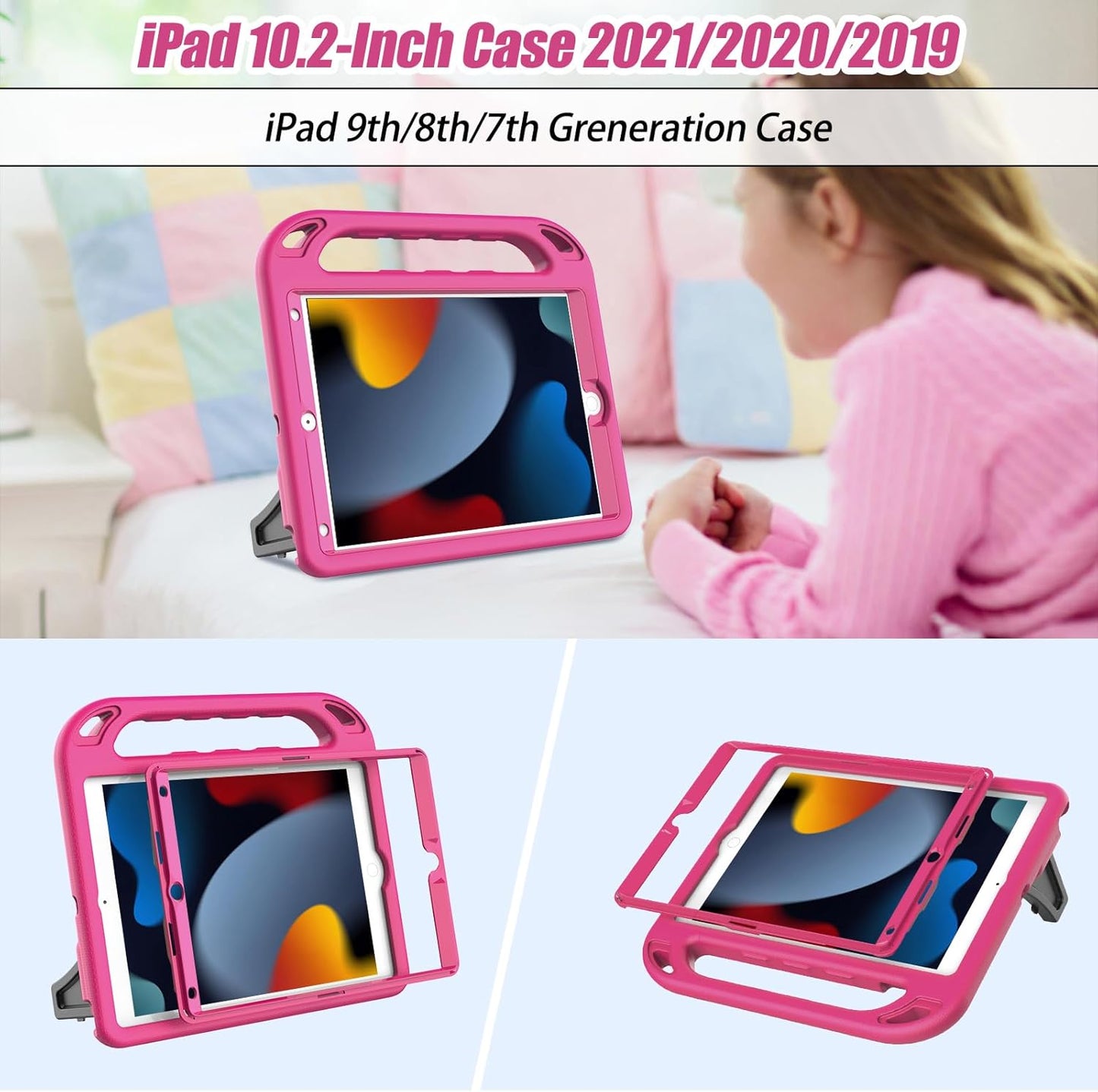 Ipad 10.2 Case 9Th/8Th/7Th Generation(2021/2020/2019), Ipad 10.2 Case for Kids, with Built-In Screen Protector, Shockproof Light Weight Handle Stand Kids Case for Ipad 9/8/7 Gen 10.2-Inch, Pink