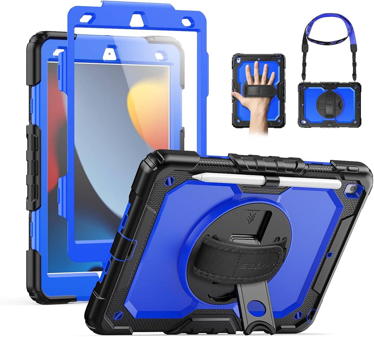 for Ipad 9Th/8Th/7Th Generation Case 10.2" 2021-2019, Full-Body Shockproof Heavy Duty Protective Case with Screen Protector, Rotating Stand/Handle/Shoulder Strap for Ipad 10.2, Black/Blue