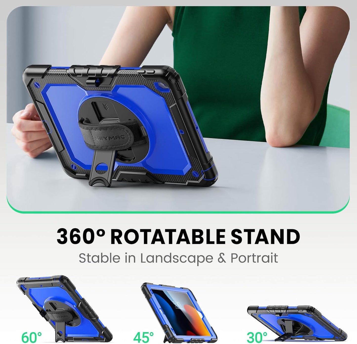 for Ipad 9Th/8Th/7Th Generation Case 10.2" 2021-2019, Full-Body Shockproof Heavy Duty Protective Case with Screen Protector, Rotating Stand/Handle/Shoulder Strap for Ipad 10.2, Black/Blue