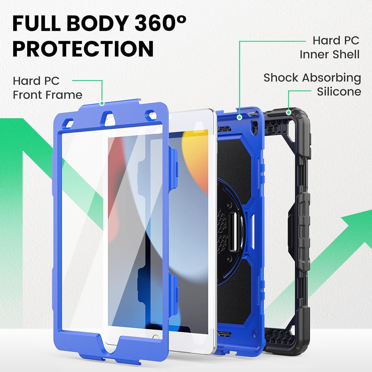 for Ipad 9Th/8Th/7Th Generation Case 10.2" 2021-2019, Full-Body Shockproof Heavy Duty Protective Case with Screen Protector, Rotating Stand/Handle/Shoulder Strap for Ipad 10.2, Black/Blue