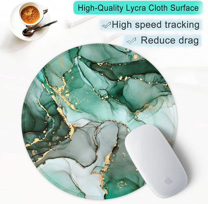 round Mouse Pad with Stitched Edge Premium-Textured Waterproof Non-Slip Rubber Base Desktop Protection Mat Diameter 8.7 Inches, Green Marble Texture