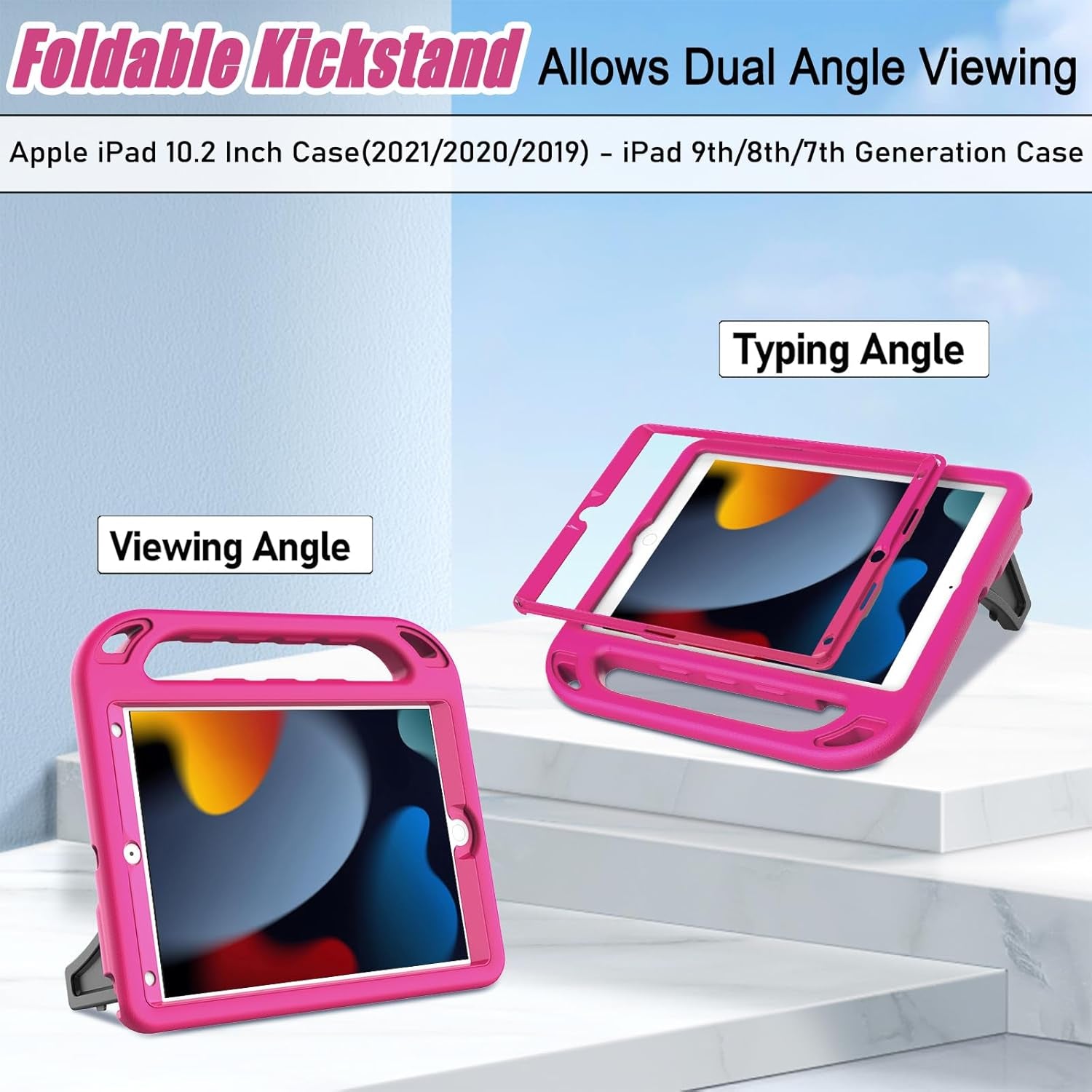 Ipad 10.2 Case 9Th/8Th/7Th Generation(2021/2020/2019), Ipad 10.2 Case for Kids, with Built-In Screen Protector, Shockproof Light Weight Handle Stand Kids Case for Ipad 9/8/7 Gen 10.2-Inch, Pink