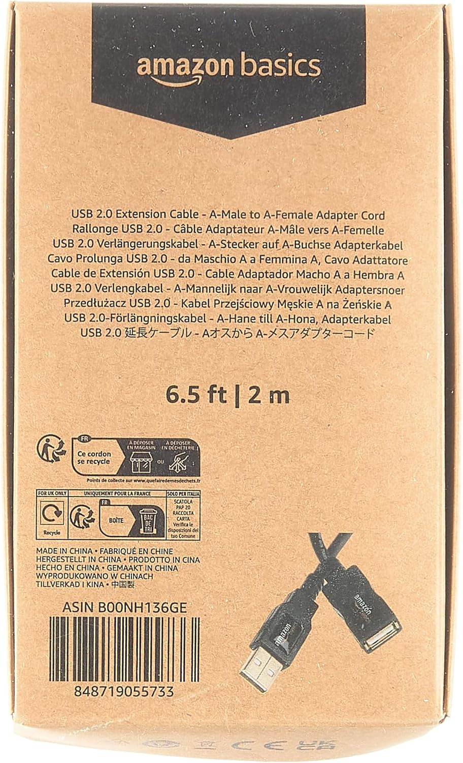 USB-A 2.0 Extension Cable, for Printer, Mouse or Keyboard, Male to Female, 480Mbps Transfer Speed, 6.5 Foot, Black