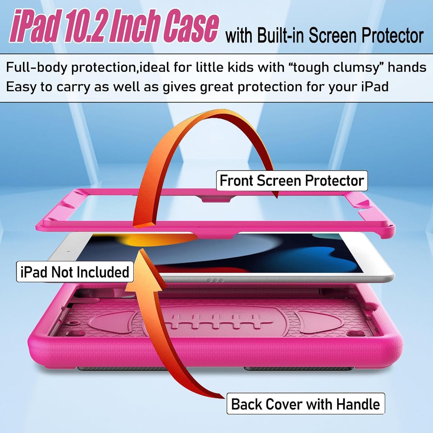 Ipad 10.2 Case 9Th/8Th/7Th Generation(2021/2020/2019), Ipad 10.2 Case for Kids, with Built-In Screen Protector, Shockproof Light Weight Handle Stand Kids Case for Ipad 9/8/7 Gen 10.2-Inch, Pink