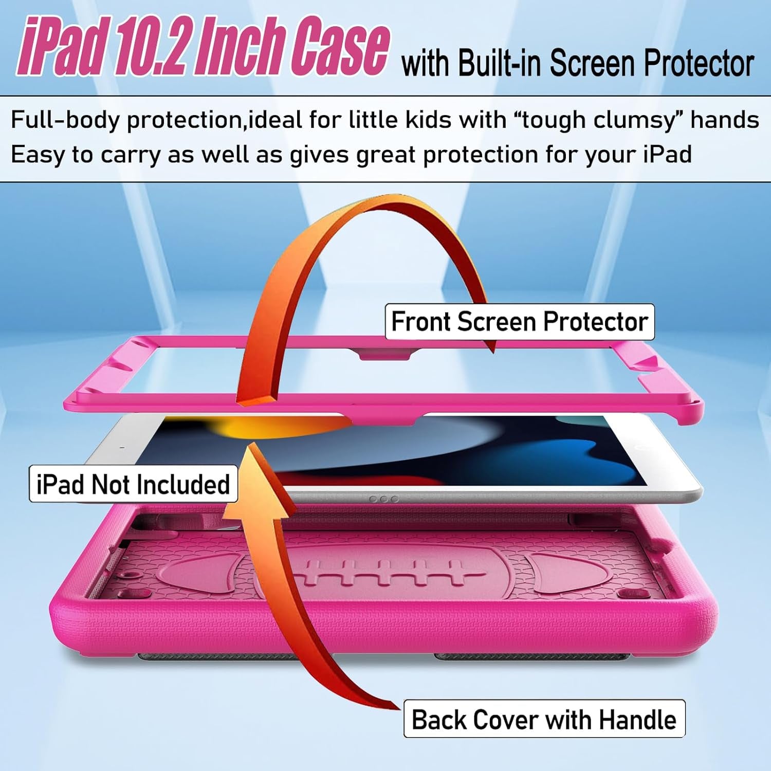 Ipad 10.2 Case 9Th/8Th/7Th Generation(2021/2020/2019), Ipad 10.2 Case for Kids, with Built-In Screen Protector, Shockproof Light Weight Handle Stand Kids Case for Ipad 9/8/7 Gen 10.2-Inch, Pink
