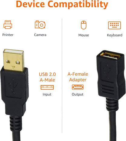 USB-A 2.0 Extension Cable, for Printer, Mouse or Keyboard, Male to Female, 480Mbps Transfer Speed, 6.5 Foot, Black